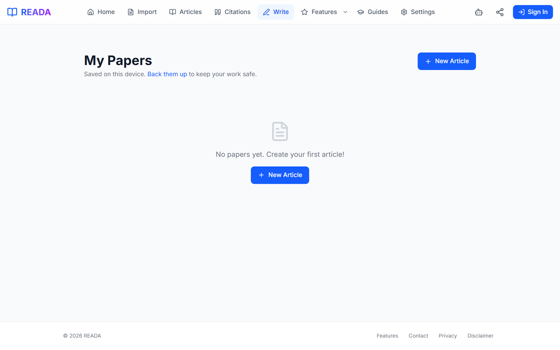 READA write editor with a paragraph selected and the AI rewrite button highlighted