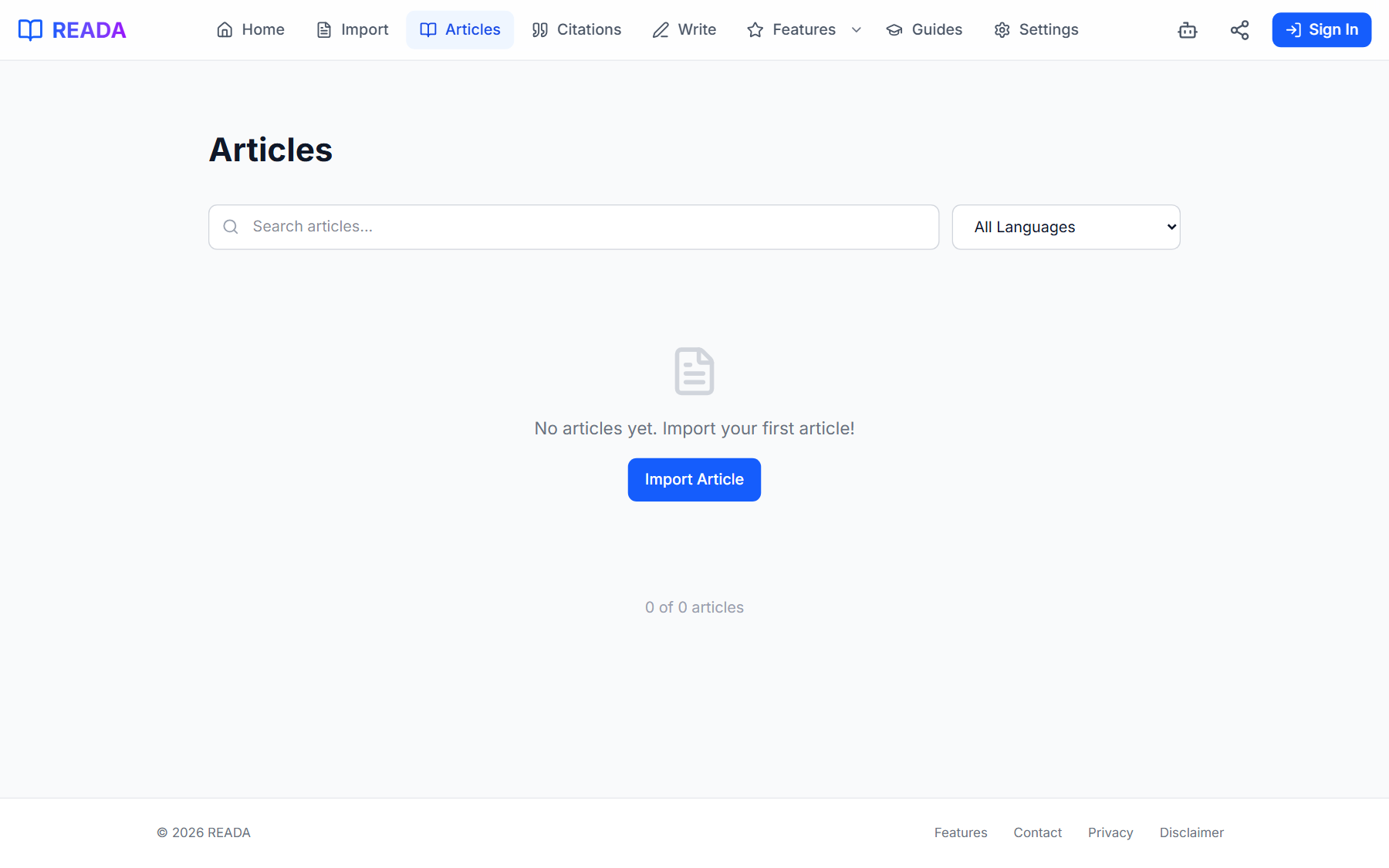 READA articles library showing imported articles with preview and language filters