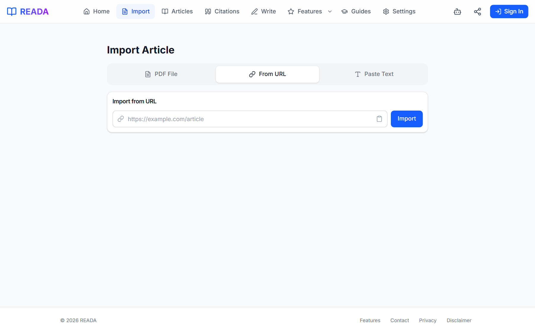 READA import page with a URL entered, ready to extract the article