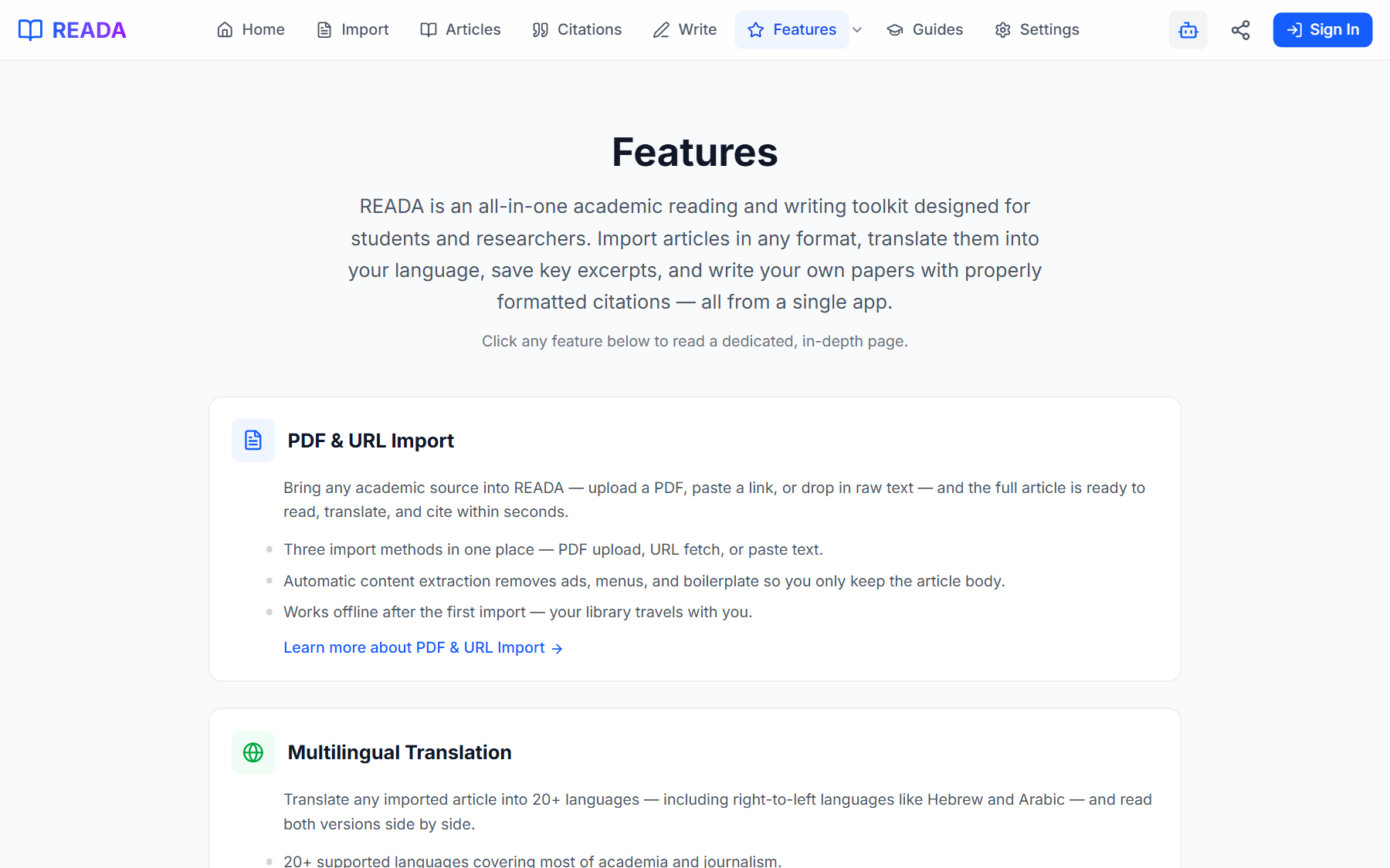 READA smart analysis panel showing generated summary and thesis for an article